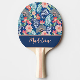 Pala De Ping Pong Azul Real Turquesa Naranja Floral Vintage Paisley
