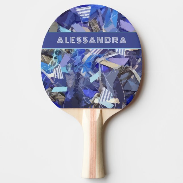 Pala De Ping Pong Banda de patrón abstracto azul monograma raya mora (Anverso)