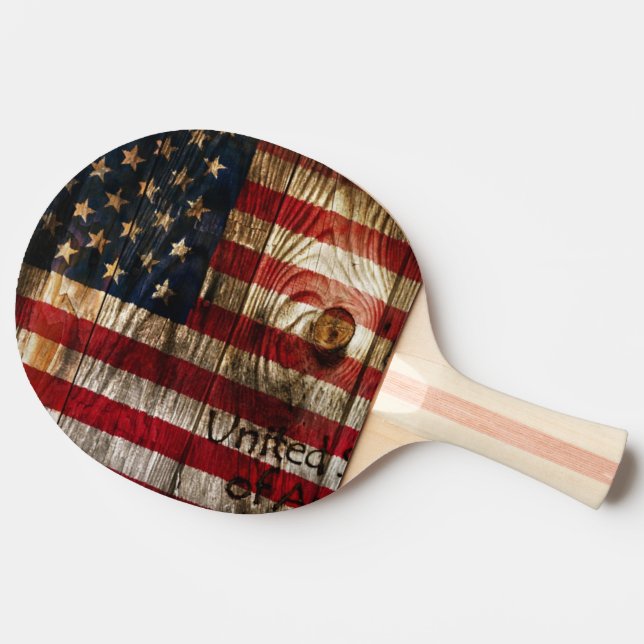 Pala De Ping Pong Bandera americana en bord de madera (Lateral)