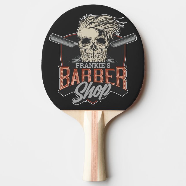 Pala De Ping Pong Barbería personalizada Hipster Skull y Razors (Anverso)