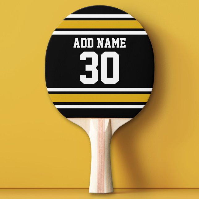 Pala De Ping Pong Black Gold Sports Jersey con tu nombre y número (Custom Ping Pong Paddle - Team or College colors Sports Jersey)