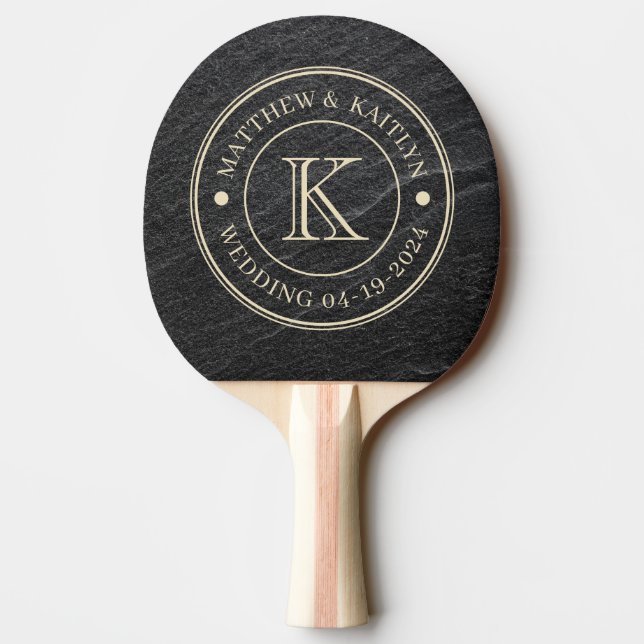 Pala De Ping Pong Black Granite Stone Wedding Monogram (Reverso)