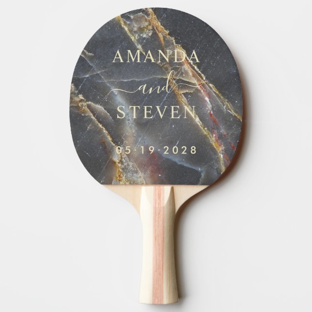 Pala De Ping Pong Black Marble & Gold Couple Names with Wedding Date (Reverso)