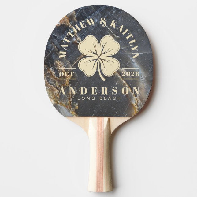 Pala De Ping Pong Black Marble Gold Irish Lucky Clover Wedding Crest (Anverso)