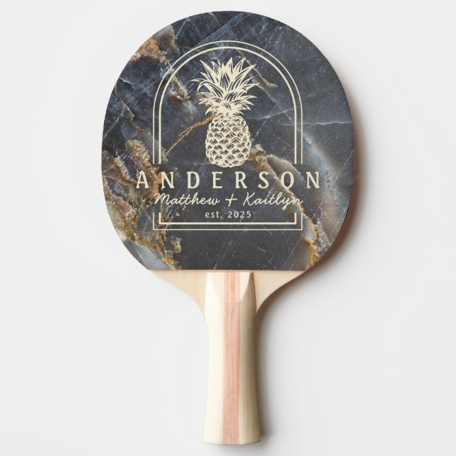 Pala De Ping Pong Black Marble & Gold Pineapple Wedding Arch & Name (Anverso)