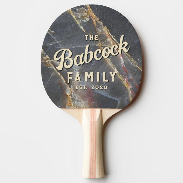 Pala De Ping Pong Black Marble & Gold Stone Retro Family Name & Year (Reverso)
