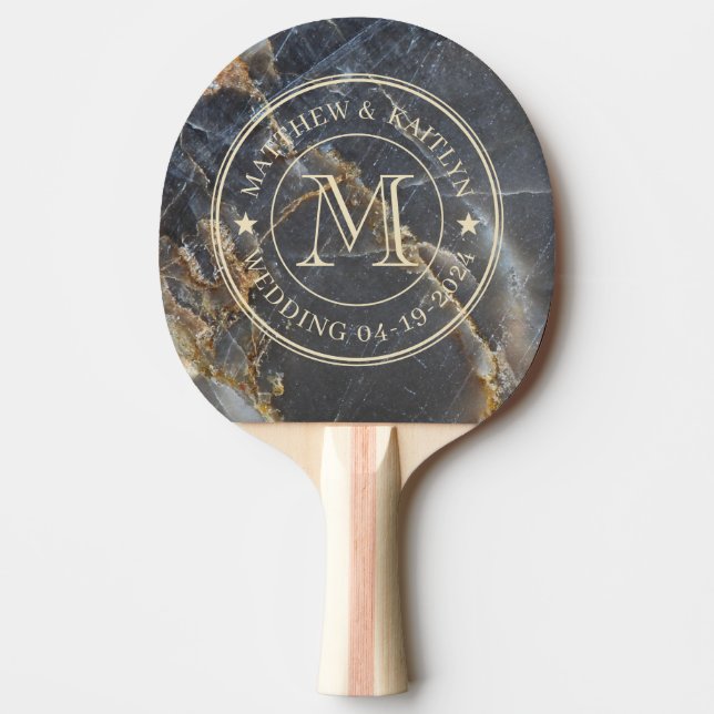 Pala De Ping Pong Black Marble & Gold Stone Wedding Monogram Star (Anverso)