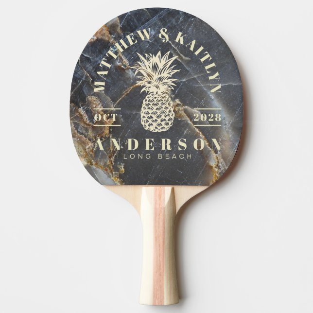 Pala De Ping Pong Black Marble Gold Tropical Pineapple Wedding Crest (Anverso)