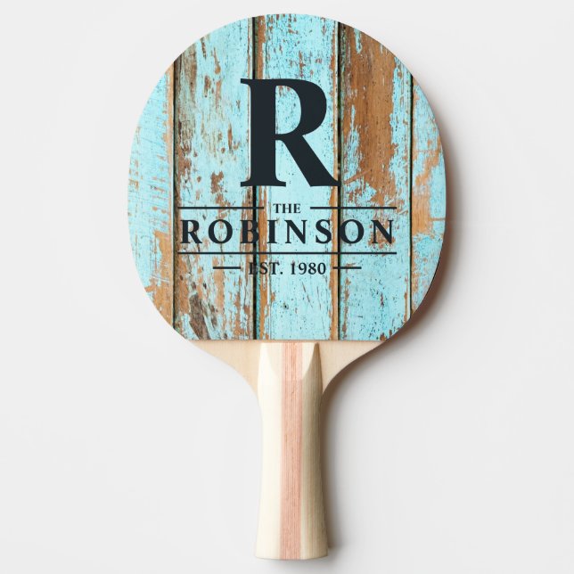 Pala De Ping Pong Blue Wash Wood Family Name & Initial (Anverso)