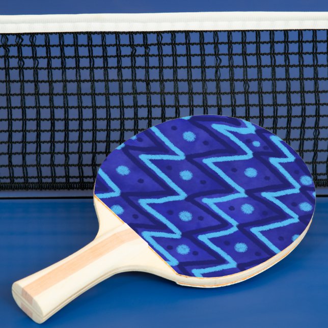Pala De Ping Pong Blue Zig Zags Dots Funky Pattern  (in situ)