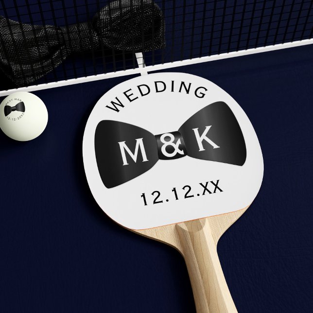 Pala De Ping Pong Boda Bow Tie Ping Pong Paddle personalizado (Add your initials and wedding date to this black and white ping pong paddle)