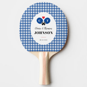 Pala De Ping Pong Boda Monograma de Blue Gingham Plaid Ping Pong