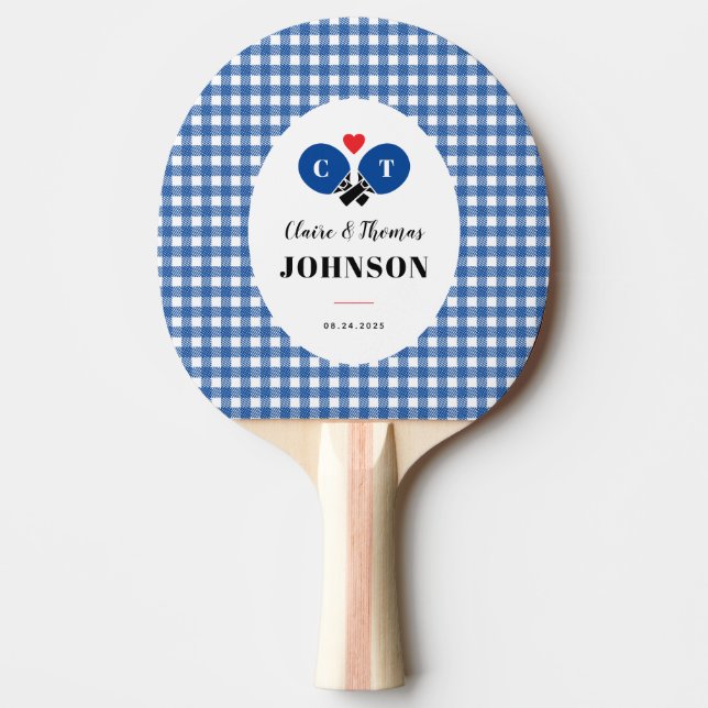 Pala De Ping Pong Boda Monograma de Blue Gingham Plaid Ping Pong (Anverso)