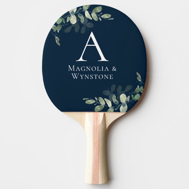 Pala De Ping Pong Boda Monograma de Navy Blue Eucalyptus (Anverso)