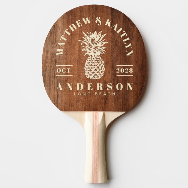 Pala De Ping Pong Boda Tropical de Piña de Madera de Nogal Rústico (Reverso)