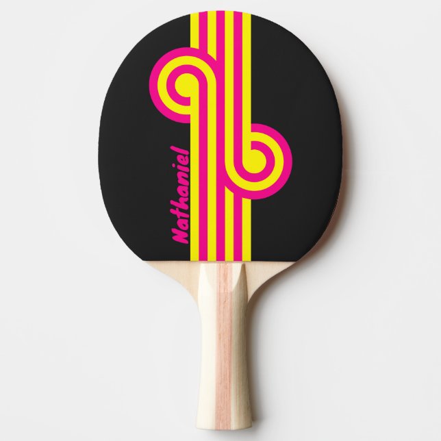 Pala De Ping Pong Bucle de brillo solar retro con nombre (Anverso)