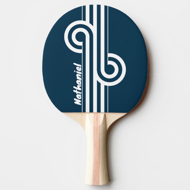 Pala De Ping Pong Bucle de franja doble Navy retro con nombre (Reverso)