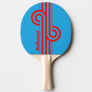 Pala De Ping Pong Bucle de raya roja azul eléctrico retro con nombre