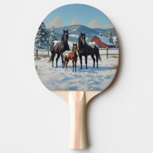 Pala De Ping Pong Caballos Appaloosa negros en una granja en inviern