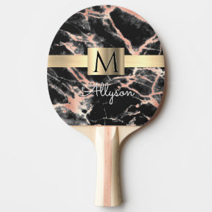 Pala De Ping Pong Caja dorada con mármol negro y rosa, nombre y mono