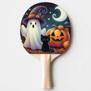 Pala De Ping Pong Calabaza, gato y fantasma de Halloween.