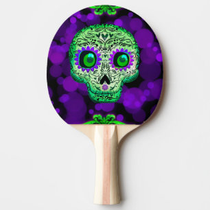 Pala De Ping Pong Calavera de azúcar luminosa caprichosa verde y mor