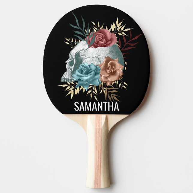 Pala De Ping Pong Calavera floral Boho Gótico nombre personalizado (Anverso)