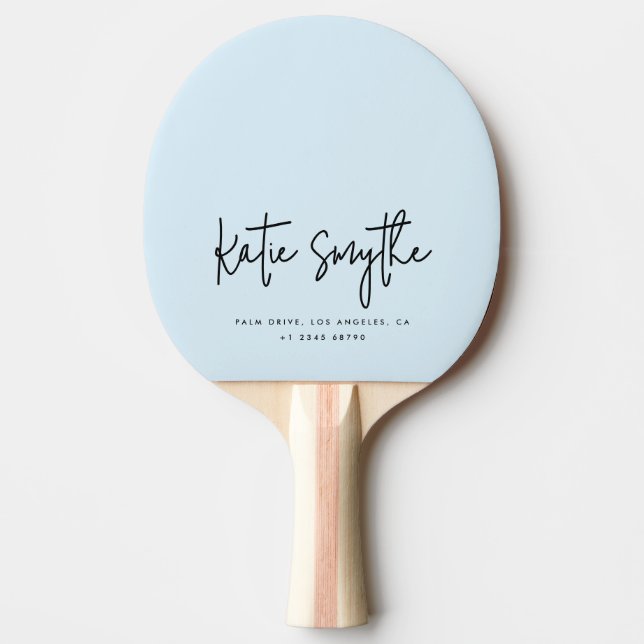 Pala De Ping Pong Caligrafía de guión Nombre minimalista azul claro (Anverso)