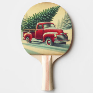 Pala De Ping Pong Camión rojo vintage con árbol de Navidad