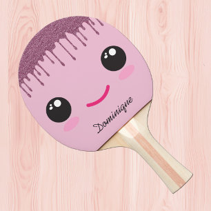 Pala De Ping Pong Cara Feliz Kawaii con Nombre Personalizable y Bril