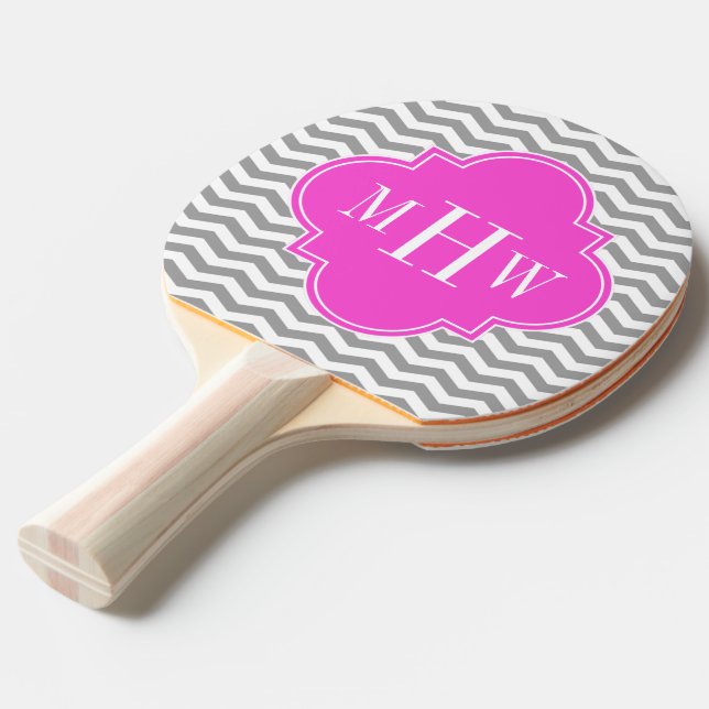 Pala De Ping Pong Chevron Gris Quatrefoil Rosa Caliente 3 Monogramo  (Ángulo frontal)