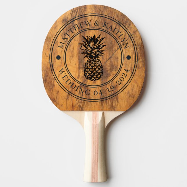 Pala De Ping Pong Chopping Block Pineapple Wedding Crest & Names (Anverso)
