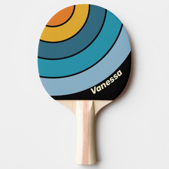 Pala De Ping Pong Círculo de franja de arcoíris negro con nombre (Anverso)