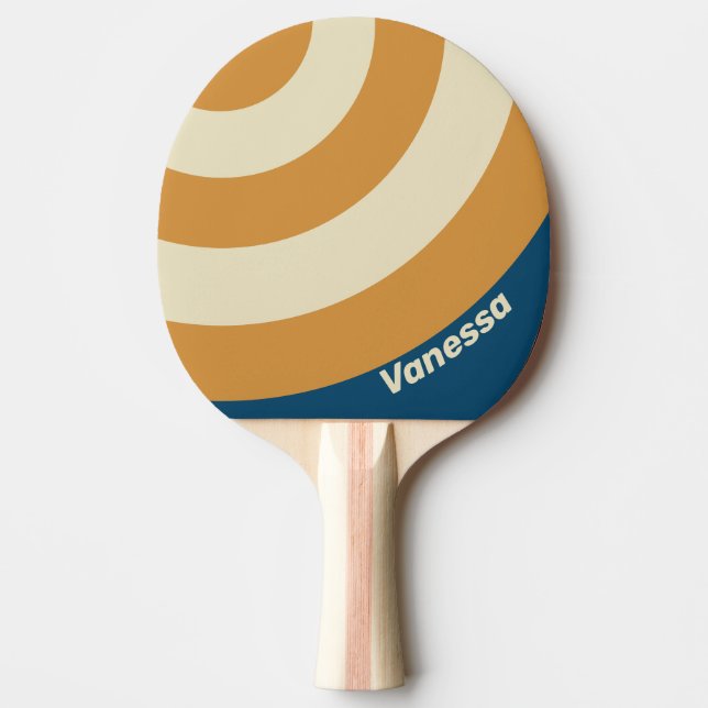 Pala De Ping Pong Círculo de Onda Azul Retro con Nombre (Anverso)