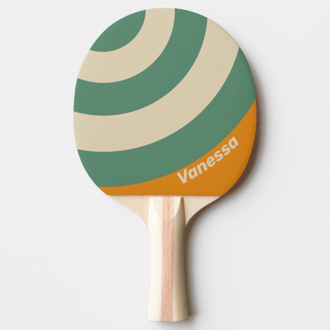 Pala De Ping Pong Círculo Naranja Retro con Franja y Nombre (Anverso)
