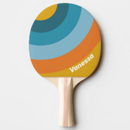 Pala De Ping Pong Círculo Retro Amarillo con Franja y Nombre