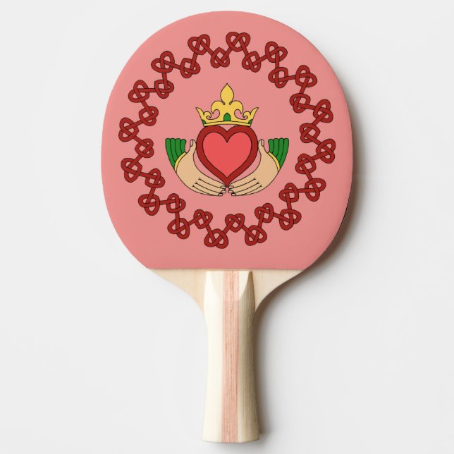 Pala De Ping Pong Claddagh y Red Knotwork sobre rosa (Anverso)