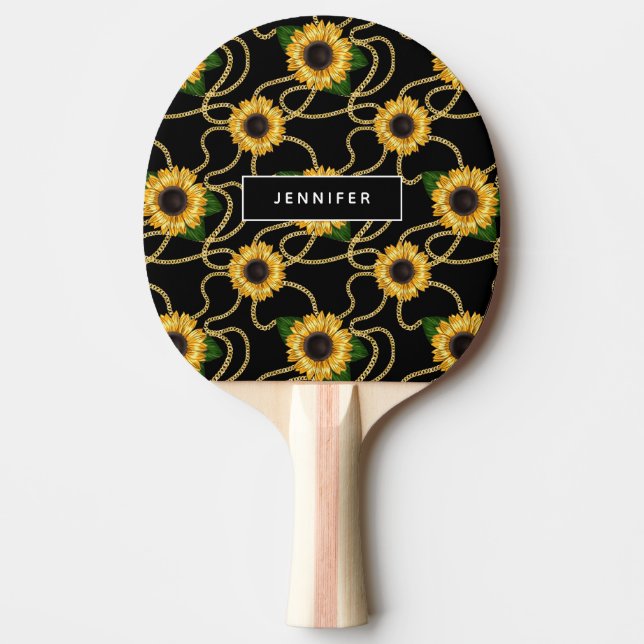 Pala De Ping Pong Clásico amarillo girasol elegante patrón en negro (Anverso)