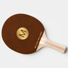 Pala De Ping Pong Clásico Moda Faux Brown Leather & Gold Nombre inic