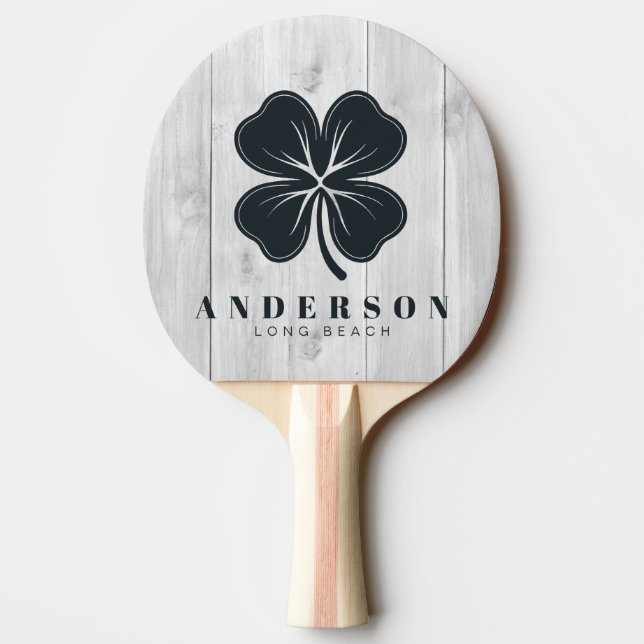 Pala De Ping Pong Clean Light Gray Wooden Four Leaf Clover with Name (Reverso)
