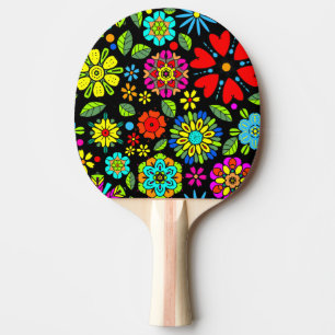 Pala De Ping Pong Colores Neón Sobre Patrón Floral Retro Sin Costura