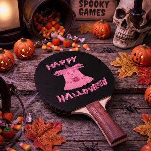 Pala De Ping Pong Coqueta Fantasma Rosa Feliz Halloween Arte Digital