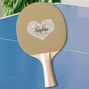 Pala De Ping Pong Corazón de diamante grande, monograma de oro, nomb