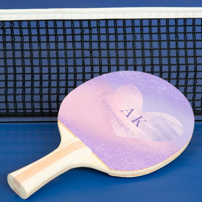 Pala De Ping Pong Corazón de gradiente púrpura rosa con monograma (in situ)