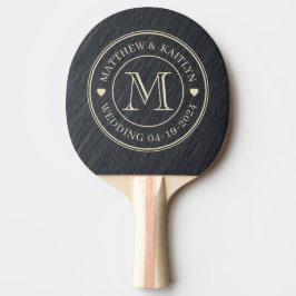 Pala De Ping Pong Corazón de Monograma de Boda de Granito Oscuro Lis