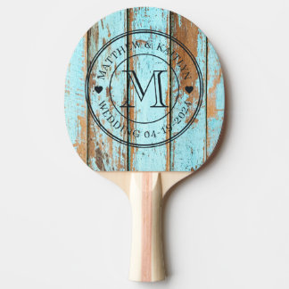 Pala De Ping Pong Corazón de Monograma de Boda de Madera Lavado Azul