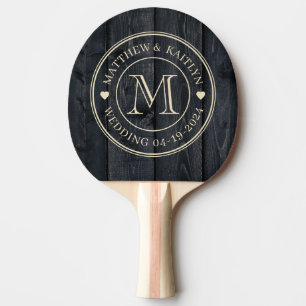 Pala De Ping Pong Corazón de Monograma de Boda de Madera Quemada Osc