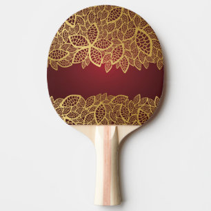 Pala De Ping Pong Cordón de oro de la hoja en fondo rojo