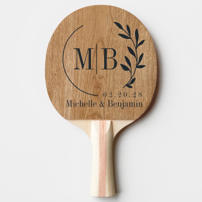 Pala De Ping Pong Country Pine Wood Leaf Wedding Monogram (Reverso)