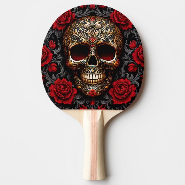 Pala De Ping Pong Cráneo del Día de los Muertos con rosas rojas (Anverso)